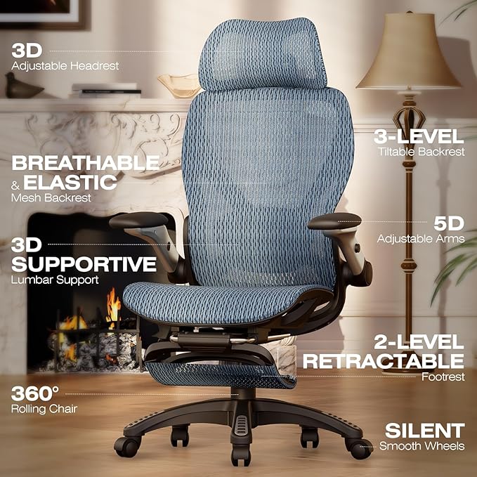 ELABEST X100 Ergonomic Office Chair with Footrest, Big and Tall Home Desk Chair with 5D Flip-Up Arms, Adjustable 8D Lumbar Support,High Back Rolling Computer Chair, Swivel Mesh Chairs (Oaxaca Blue)-DeskLoop Office