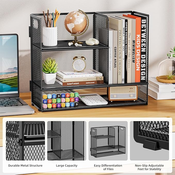 Marbrasse 2-Tier Desk Shelf Organizer with Handle, Desktop Bookshelf File Holder, Mesh Display Shelf Organizer Storage Rack for Office, Home, Supplies, Kitchen (Black)-DeskLoop Office