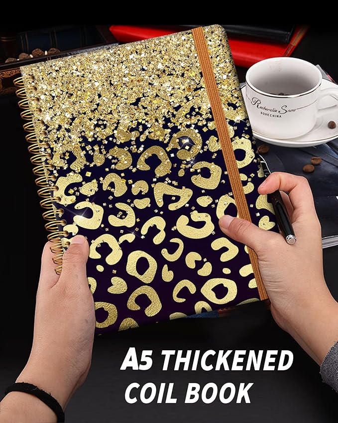 Ruled Spiral Writing Notebook,A5 Hardcover Lined College Journal for Women Lady,Fashion Puppy Watercolor Strong Twin-Wire Binding with Premium Paper,8.4" X 6",Perfect for School,Office,Home Gifts(Shiny Gold Leopard)-DeskLoop Office