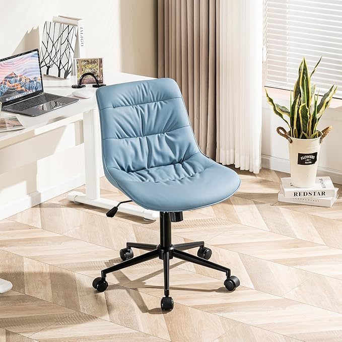 Kidol & Shellder Faux Leather Office Chair, Adjustable Swivel Height Task Chair, Rolling Wheels & Soft Backrest - Armless Ergonomic Desk Chair for Home, Office,Vanity,Gaming(Blue)-DeskLoop Office