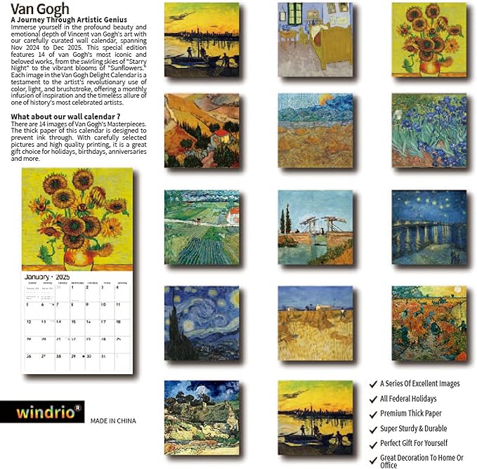 2025 Wall Calendar,Calendar 2025, January 2025 - December 2025, Wall Calendar van Gogh, 12" x 24" Opened,Full Page Months Thick & Sturdy Paper for Calendar Organizing & Planning-DeskLoop Office