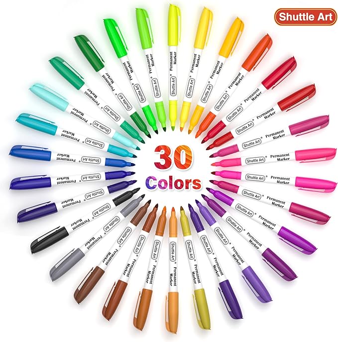 Shuttle Art 30 Colors Permanent Markers, Fine Point, Assorted Colors, Works on Plastic,Wood,Stone,Metal and Glass for Kids Adult Coloring Doodling Marking-DeskLoop Office