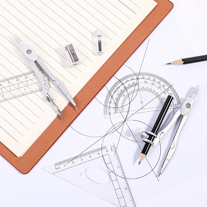 Math Geometry Kit Sets 10 Piece Student Supplies with Shatterproof Storage Box,Includes Rulers,Protractor,Compass,Eraser,Pencil Sharpener,Lead Refills,Pencil,for Drafting(White)-DeskLoop Office