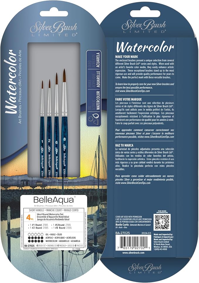 Silver Brush Limited BA-2702S BelleAqua Ideal Watercolor Brush Set, 4pc Professional Premium Soft Synthetic Sable Round Paint Brushes, Sizes 1, 2, 6, and 8-DeskLoop Office