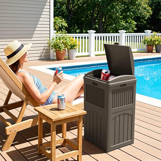 Greesum 33 Gallon Outdoor Trash Can with Lid (2-Pack), Heavy Duty Resin Garbage Bin, Waterproof & UV Resistant for Patio, Garden, Deck, Yard, Brown-DeskLoop Office