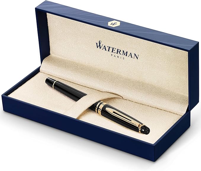 Waterman Expert Fountain Pen, Gloss Black with 23k Gold Trim, Medium Nib, Luxury Pen in Gift Box, Fountain Pen for Writing-DeskLoop Office