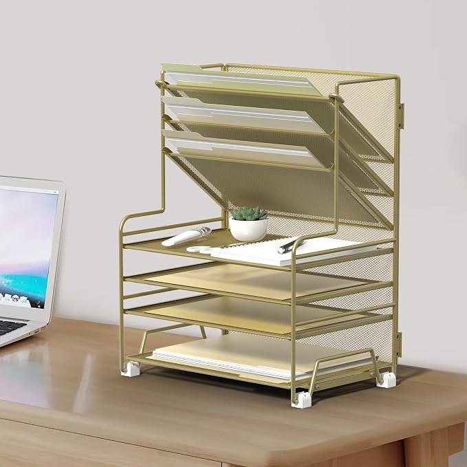 MINDEPOT 4-Tier Paper Organizer + 3-Pocket File Holder + Drawer + Pen Holders - Image 5
