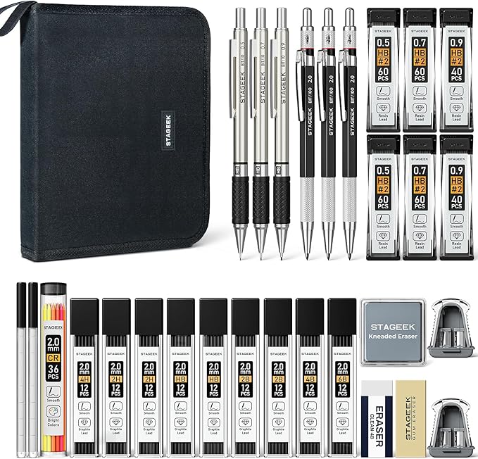 30PCS Mechanical Pencil Set with Canvas Bag, Drawing Pencils 0.5, 0.7, 0.9MM & 3PCS 2MM Sketching Pencil with 464PCS Leads (6B 4B 2B HB 2H 4H Color) for Artist Drafting Drawing Writing-DeskLoop Office