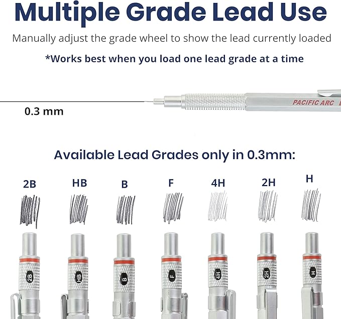 Pacific Arc Chromagraph Metal Mechanical Pencil .3 mm Silver Barrel Mechanical Pencil with Built In Lead Pencil Grade Indicator, Lead Pencil Holder for Drafting, Sketching, and Drawing-DeskLoop Office