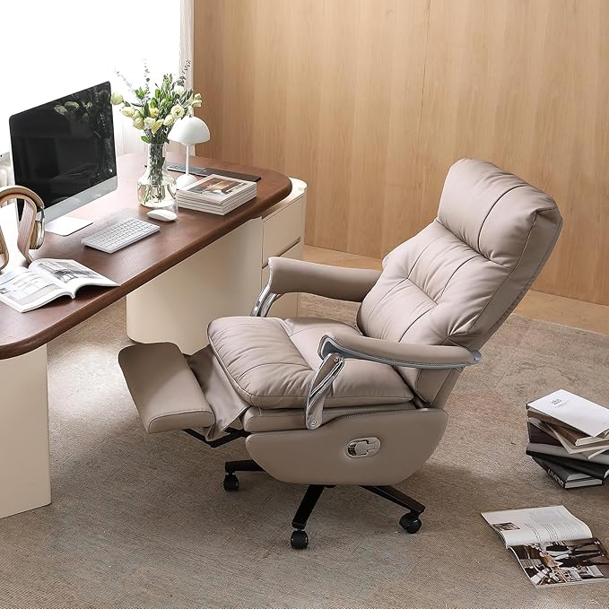Executive Office Chair with Footrest,Sustainable Leather Electric Ergonomic Reclining Home Office Desk Chairs with Massage,Big and Tall Comfy Computer Chair with Wheels High Back 400LB,Khaki-DeskLoop Office