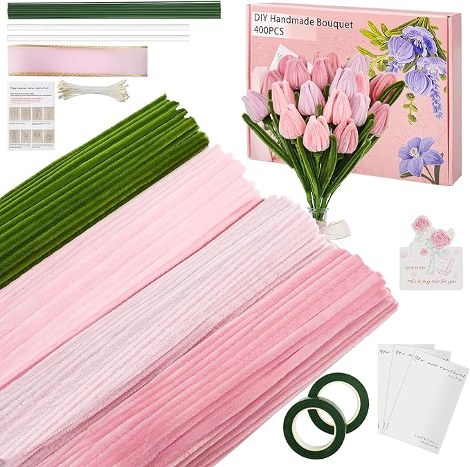 400 Pcs Craft Pipe Cleaners Flowers,4 Colors Chenille Stems Bulk with Floral Wires,Tape,Greeting Card,Bouquet Paper,Hot Glue Stick,Stamen & Ribbon, Holiday Gifts for Women,Men,Teens,Elder-DeskLoop Office
