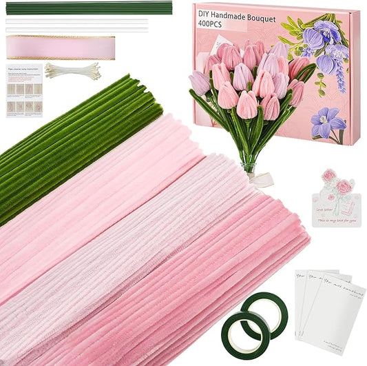 400 Pcs Craft Pipe Cleaners Flowers,4 Colors Chenille Stems Bulk with Floral Wires,Tape,Greeting Card,Bouquet Paper,Hot Glue Stick,Stamen & Ribbon, Holiday Gifts for Women,Men,Teens,Elder-DeskLoop Office