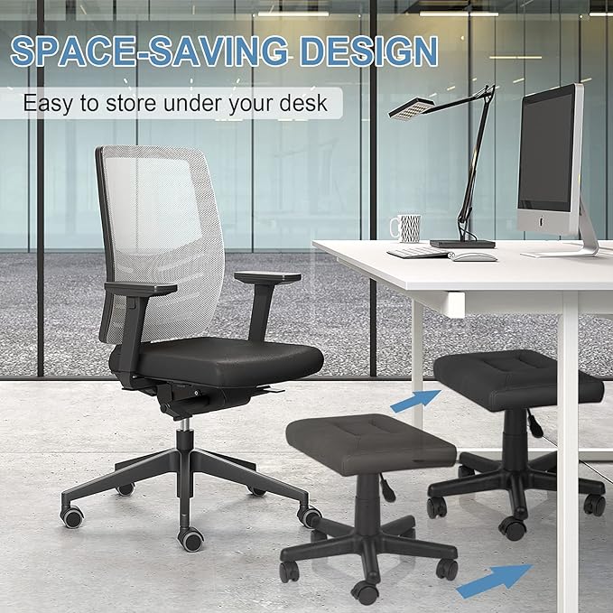 Footrest Stool Under Desk Adjustable Height Footrest Ottoman Ergonomic Foot Stool with Wheels 360° Rolling for Home Office (Black-1)-DeskLoop Office