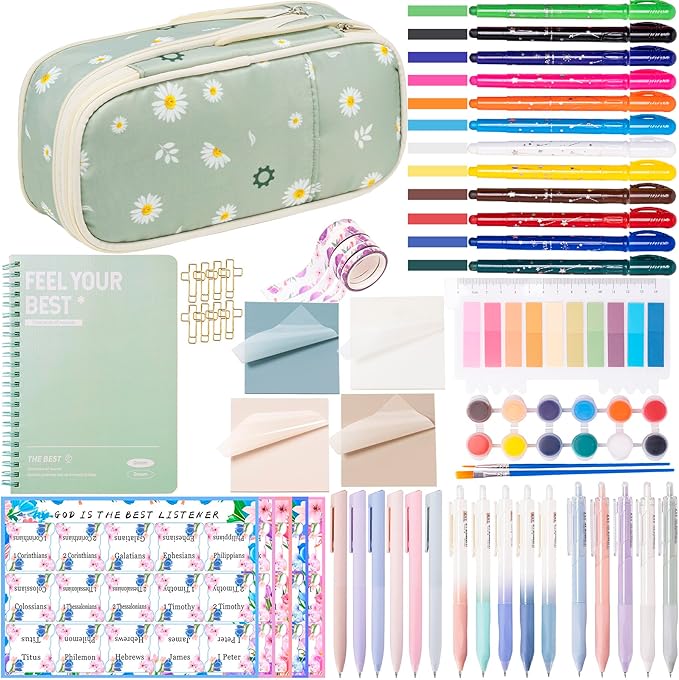 Bible Study Supplies for Women & Journaling Kit - Pencil Case, 12 Colored Highlighters No Bleed, 75 Index Bible Tabs, A5 Notebook, 16 Gel Pens & 4 Transparent Notes - Christian Gifts, Green Daisies-DeskLoop Office