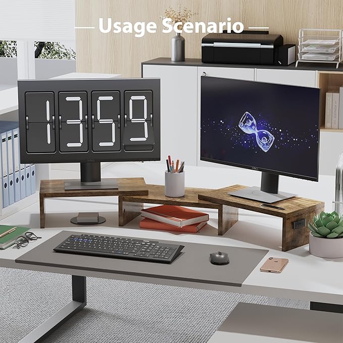 BONTEC Dual Monitor Stand Riser with Smartphone Holder, Adjustable Length & Swivel Angle, Ergonomic Wooden Desktop Organizer for PC Monitor, Laptop, Printer, Large Storage, Rustic Brown-DeskLoop Office