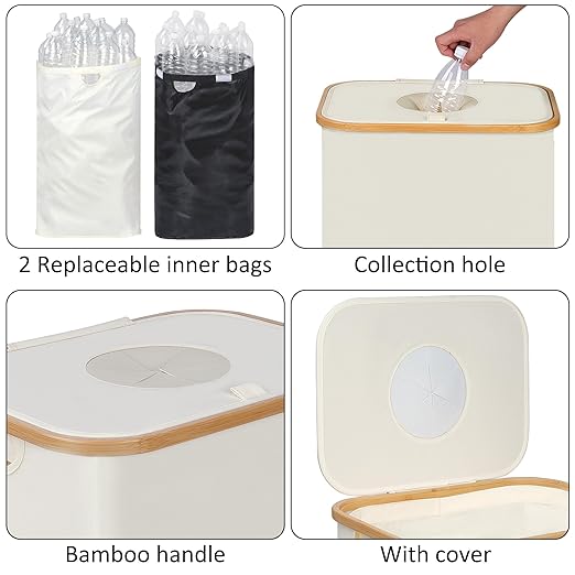 29 Gallons Recycling Bins for Kitchen, Indoor Recycle Bins with Lid, 110L Large Recycle bin with 2 Removeable Reusable Inner Bags, for Bottles Cans Glass Plastice Cartons(Beige)-DeskLoop Office