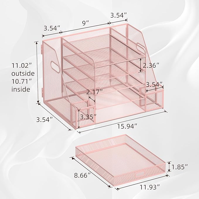 SUPEASY Mesh Desk Organizer with File Holder, 5-Tier Paper Letter Tray Organizer with Magazine Holder, Desktop Organizer and Storage with Drawer for Office Supplies Home or School, Pink-DeskLoop Office