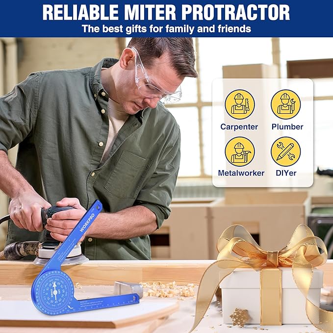 WORKPRO Aluminum Miter Saw Protractor, 7.3 Inch Angle Finder Featuring Precision Laser Engraved Scales for Inside and Outside Corner, Carpenters, Plumbers and All Building Trades, 360° Rotation, Blue-DeskLoop Office