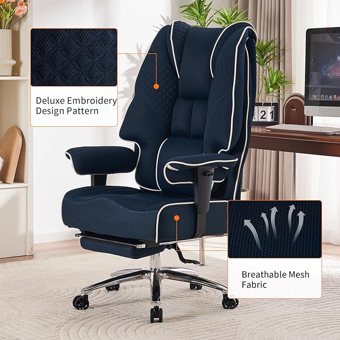 Big and Tall Office Chair 400lbs Wide Seat, Leather High Back Executive Office Chair with Foot Rest, Ergonomic Chairs Lumbar Support for Lower Back Pain Relief (Mesh Dark Blue)-DeskLoop Office