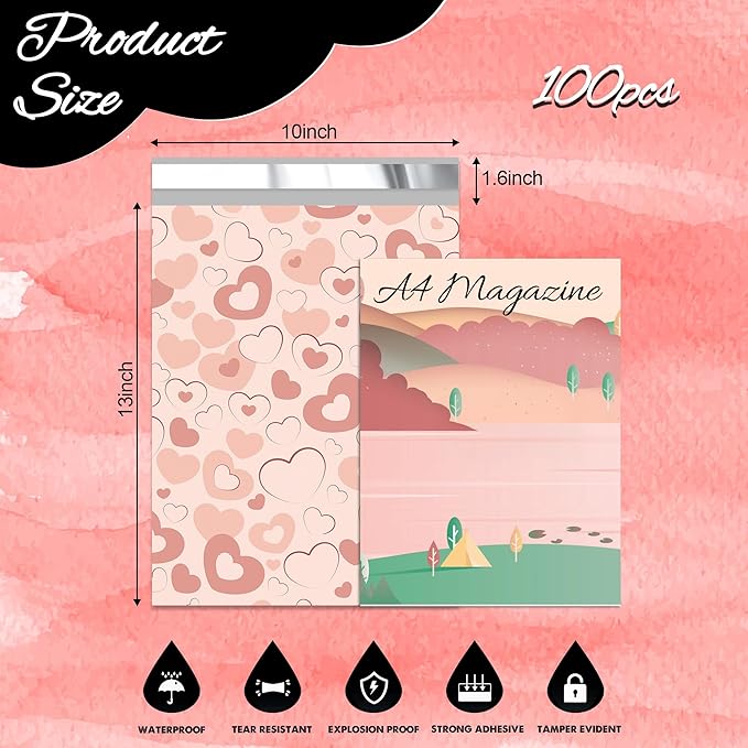 Pink Heart Poly Mailer 10x13 Inch 100 Pcs, Waterproof Shipping Bags for Clothing, Tear-Resistant Mailier Bags, Strong Mailing Bags with Self-Seal-DeskLoop Office