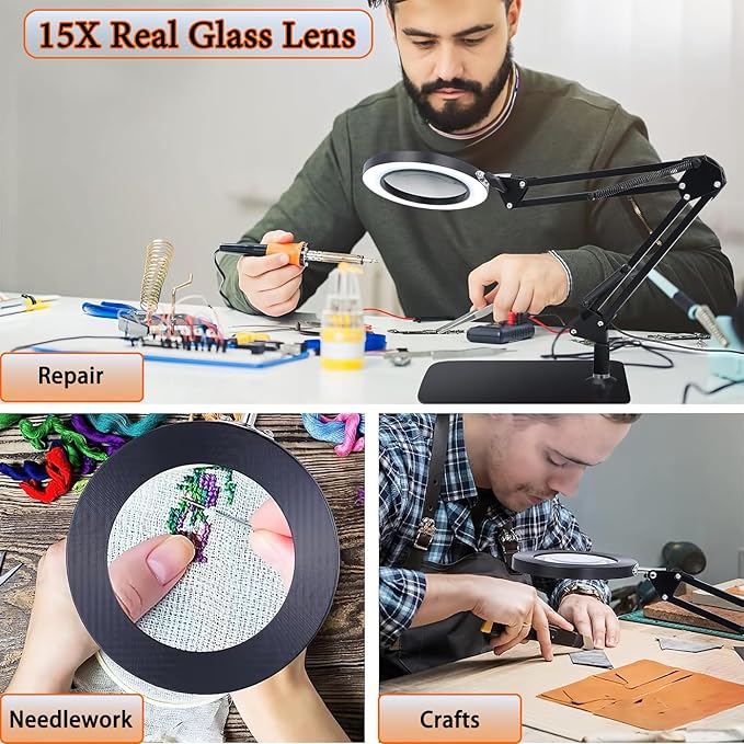 15X Magnifying Glass Lamp with Clamp and Stand, 72 LEDs Desk Lamp with 3 Color Temperatures and 10 Levels Adjustable Brightness for Diamond Art Accessories Hobbies Crafts Reading Close Work Magnifier-DeskLoop Office