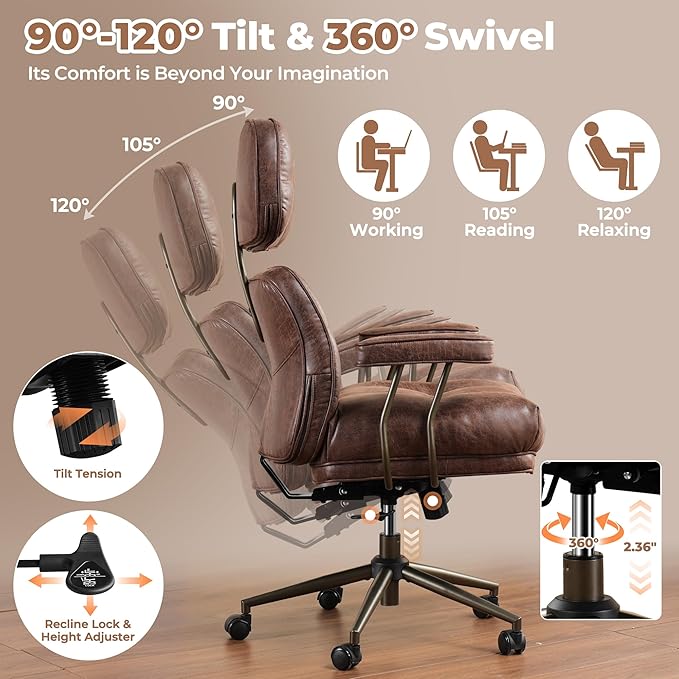 ovios Ergonomic Home Office Chair, Mid-Century Modern Faux Leather Chairs with Thickened Cushions, Comfy High Back Swivel Rolling Executive Computer Armchair (Dark Brown, Suede Leather)-DeskLoop Office