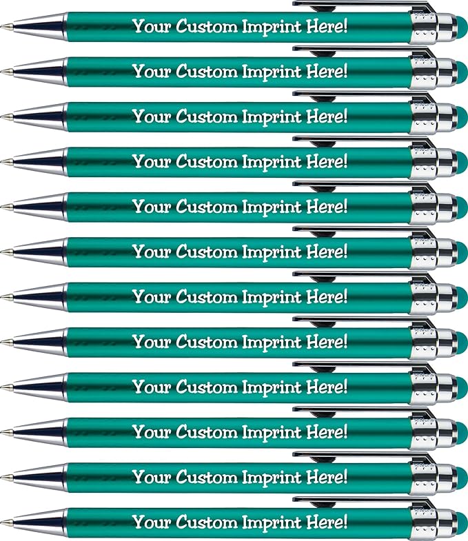 Personalized Pens with Stylus Tip -Bright Vibes- Click action - Custom - Black writing - Printed Name pens - Imprinted with Your Logo or Message - FREE PERSONALIZATION - 12 Pens/Box (Teal)-DeskLoop Office