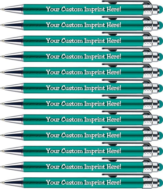 Personalized Pens with Stylus Tip -Bright Vibes- Click action - Custom - Black writing - Printed Name pens - Imprinted with Your Logo or Message - FREE PERSONALIZATION - 12 Pens/Box (Teal)-DeskLoop Office