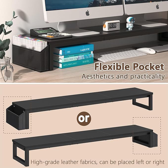 LAND·VOI Dual Monitor Stand Riser,41.5'' Long Monitor Stand for 2 Monitors, Wood and Steel Computer Monitor Stand, Desktop Oraganizer with Pen Holder, Monitor Riser for Desk Computer,Laptop,TV, Black-DeskLoop Office