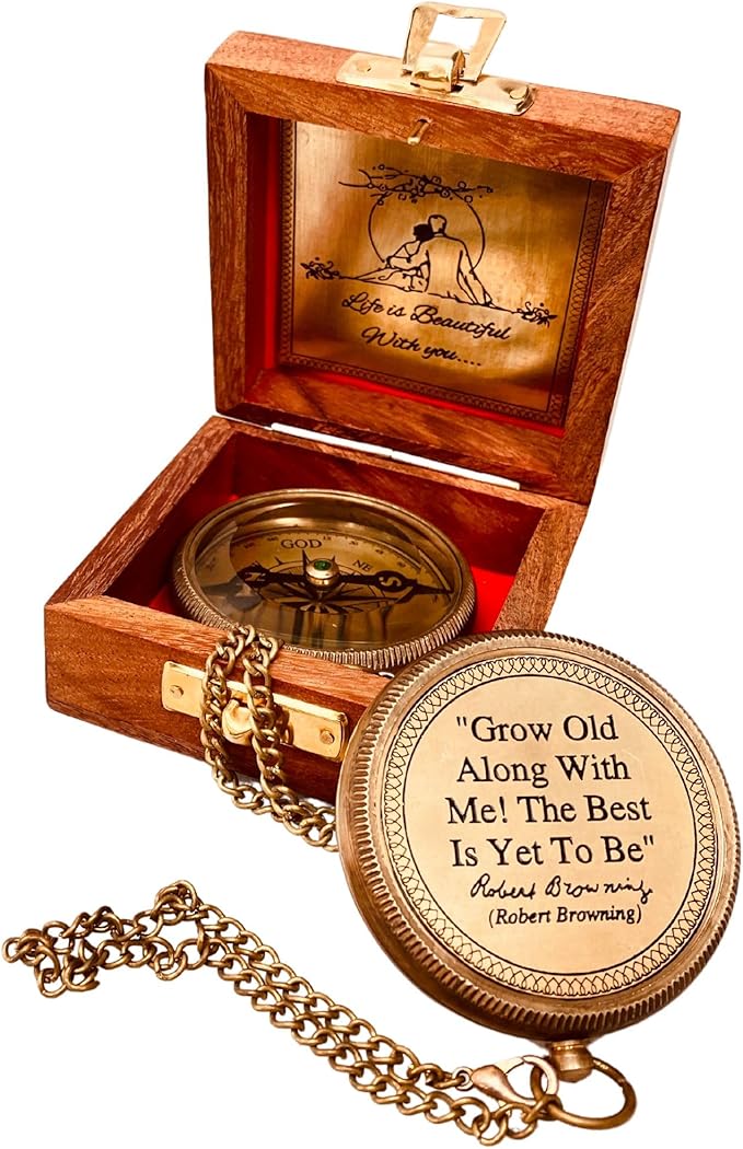 Gift for Husband Wife - Brass Compass 2" | Engraved Quote Birthday Wedding Anniversary Christmas Romantic Love Gifts idea for Boyfriend Girlfriend Men Women Him Her (Grow Old Along with Me)-DeskLoop Office