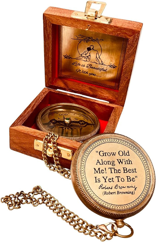 Gift for Husband Wife - Brass Compass 2" | Engraved Quote Birthday Wedding Anniversary Christmas Romantic Love Gifts idea for Boyfriend Girlfriend Men Women Him Her (Grow Old Along with Me)-DeskLoop Office