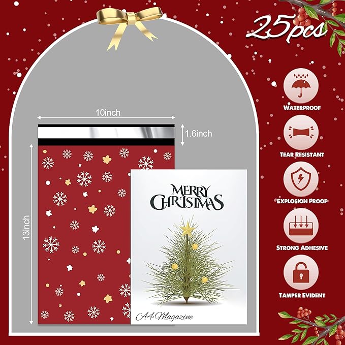Christmas Poly Mailer 10x13 Inch 25 Pcs, Waterproof Shipping Bags for Clothing, Tear-Resistant Mailier, Strong Mailing With Self-Seal - Red Merry Christmas-DeskLoop Office