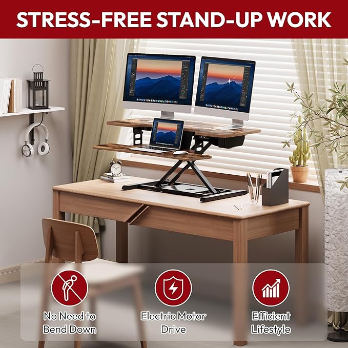 SANODESK Standing Desk Converter with Electric Motor 40" Height Adjustable Riser for Office Home,Dual Monitor and Laptop Workstation with Large Keyboard Tray,Rustic Color-DeskLoop Office
