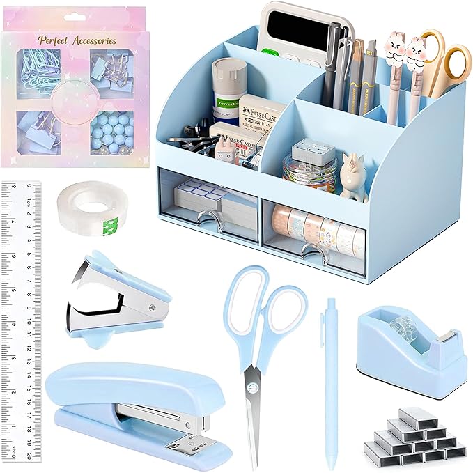 Desk Accessories with Pen Holder, Office Supplies Desk Organizers and Accessories, Tape Dispenser, Stapler, Staple Remover, Staples, Clips Set, Ruler, Scissor, Pen, Tape (Blue)-DeskLoop Office