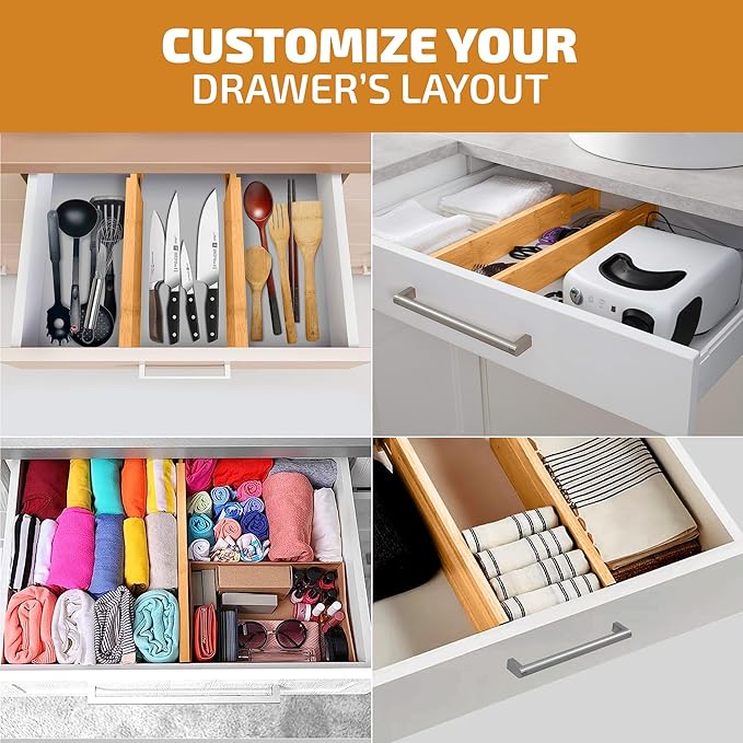 4 Pack Drawer Dividers Bamboo 2.6" High, 16-22" Adjustable Drawer Organizers for Clothes, Expandable Dresser Separators in Bedroom/Bathroom/Kitchen/Office Organization and Storage (Natural)-DeskLoop Office