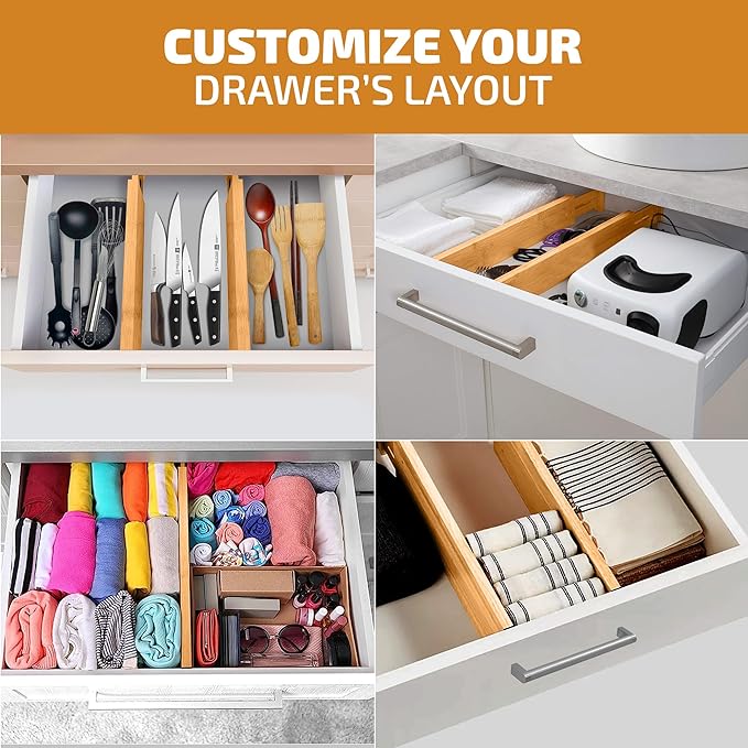 Bambüsi 4 Pack Drawer Divider - Bamboo 2.6" High, 12.5-17" Adjustable Drawer Organizers for Clothes, Expandable Dresser Separators in Bedroom/Bathroom/Kitchen/Office Organization and Storage-DeskLoop Office
