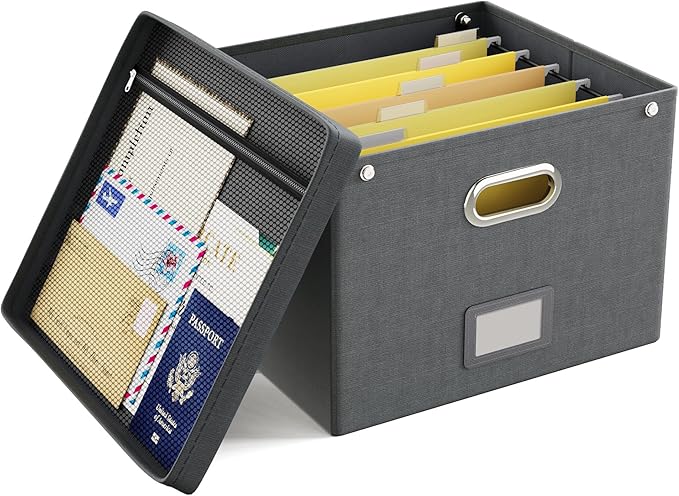 Oterri File Organizer Box with Lid,Large Hanging Filing Box with Mesh Pocket, Document Organizer for Letter Files, Portable Storage Case with Smooth Sliding Rail for Office&Home (1 PCS, Dark grey)-DeskLoop Office