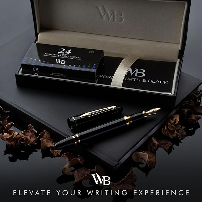 Wordsworth & Black Majesti Fountain Pen-(Black) Luxury Case, 24K Gold Finish; 18K Gilded Extra Fine Nib- Ink Cartridges, Refillable Ink Converter-Calligraphy Pen-Best Business Gift Set for Men & Women-DeskLoop Office
