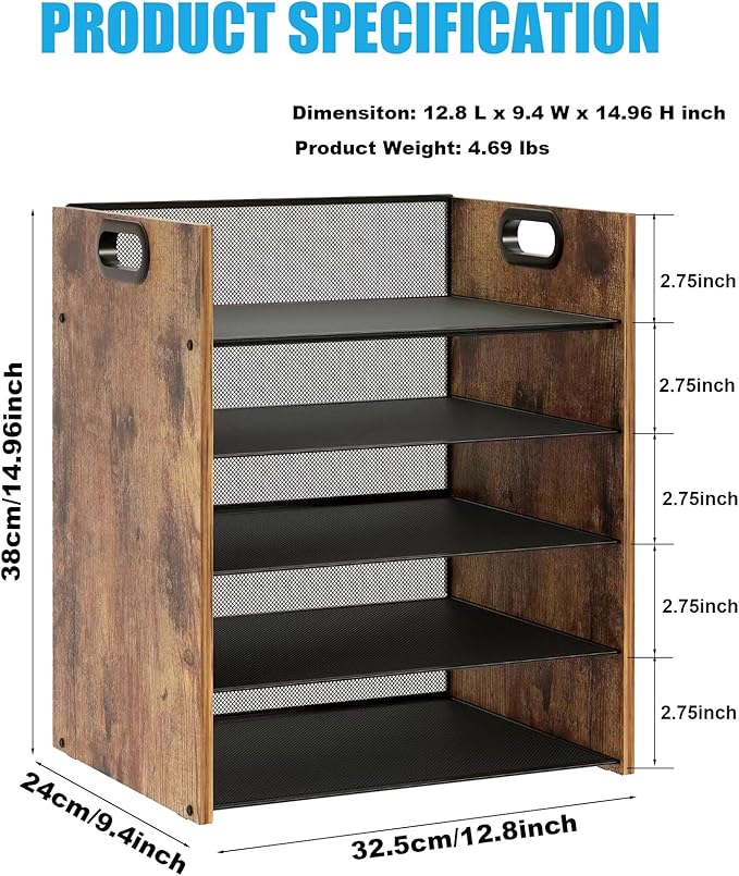 Wood Desk Organizer - 5-Tier Desktop File Organizer, Wooden Paper Tray, Office Desk Organzier and Accessories for Papers, Mail, Notebooks, Stationery-DeskLoop Office