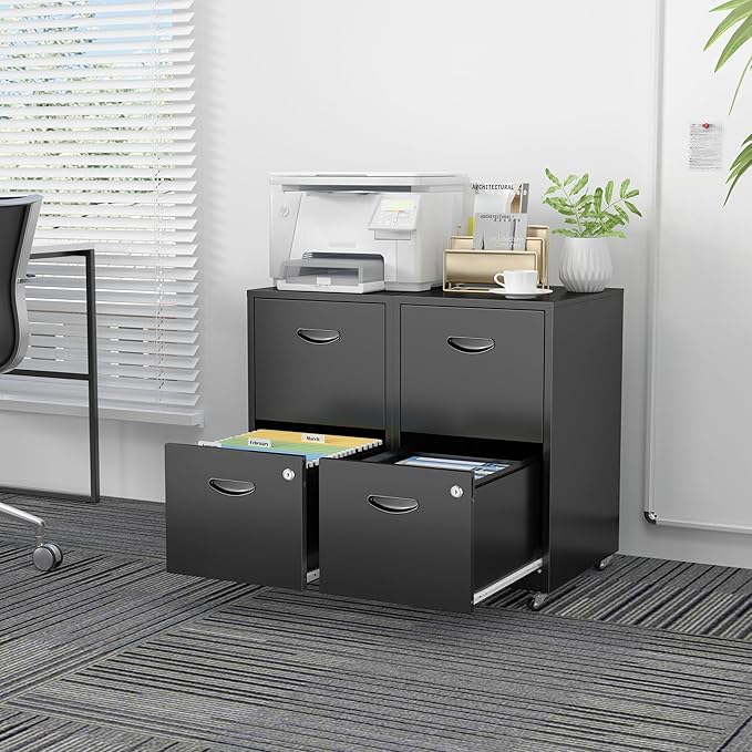 2 Drawer File Cabinet with Lock,Black Rolling File Cabinet for Home Office, Metal Small Mobile Filing Cabinets on Wheels for Hanging Letter