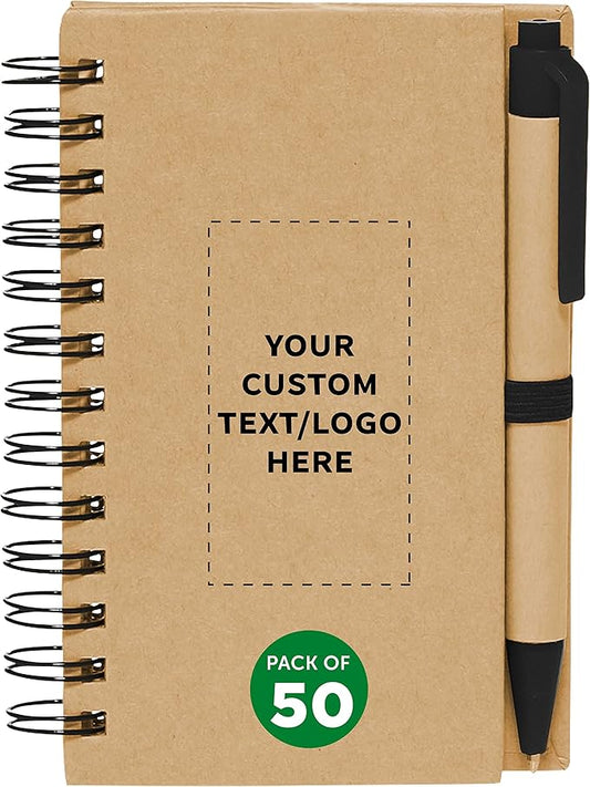 Custom Mini Spiral Notebooks with Black Ink Pens Set of 50, Personalized Bulk Pack - Perfect for School, Office, Business, Home - Black-DeskLoop Office
