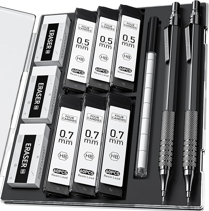 Four Candies 2PCS Metal Mechanical Pencils Set with Case, 0.5mm & 0.7 mm Artist Pencil with 6 Tubes (360PCS) HB Lead Refills, 3 Erasers,9 Eraser Refills For Writing Drafting, Drawing, Black-DeskLoop Office