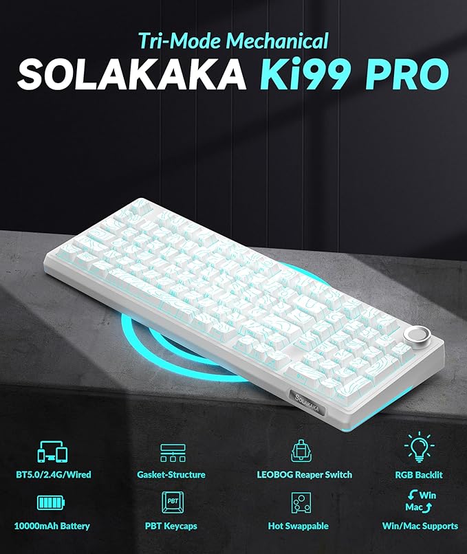 KI99 Pro 96% Wireless Mechanical Keyboard, RGB Gaming Keyboard, Hot-Swappable Pre-Lubed Switches, Gasket Structure Creamy Keyboards for Gamer/PC/Laptop (White)-DeskLoop Office