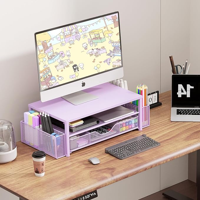 Desk Organizers and Accessories, 2-Tier Computer Monitor Stand Riser with Drawer and 2 Pen Holders, Laptop Stand, Office Desk Accessories for Office Supplies, Purple-DeskLoop Office