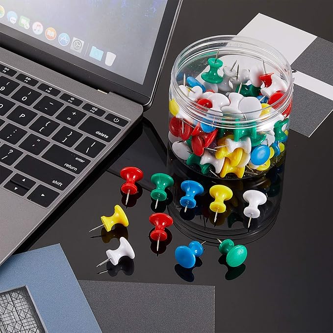 Outus 100 Pcs Giant Push Pins Large Thumb Tacks Plastic Heads 1 Inch Jumbo Push Pins for Cork Board Map Posters Office School(Red, Yellow, Blue, Green, White)-DeskLoop Office