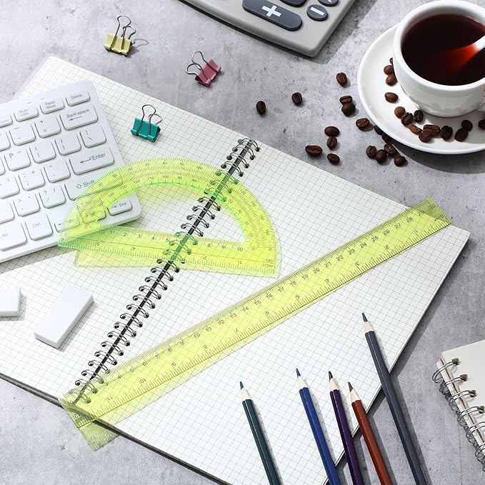 Zonon 2 Pack 12'' Plastic Ruler and 6'' Plastic Protractor Set Clear Ruler Protractor Set Math Geometry Supplies for School Classroom Home Office Drawing(Yellow)-DeskLoop Office