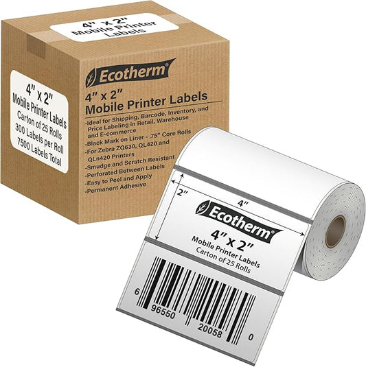 4" x 2" Mobile Printer Labels | 25 Rolls | 7500 Labels | fits Zebra ZQ630, QL420, and QLn420 Printers | Black Mark On Liner | .75" Core Rolls | by Ecotherm-DeskLoop Office