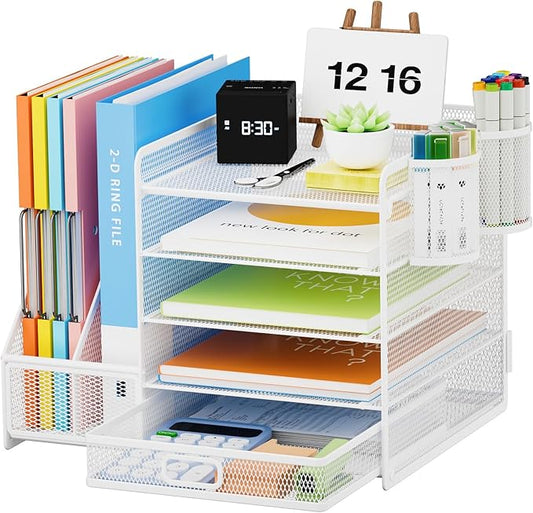 Lavatino Desk Organizer with File Holder, 5-Tier Paper Letter Tray Organizer with Sliding Drawer and 2 Pen Holder, Mesh Desktop File Organizer for Office Supplies, White-DeskLoop Office