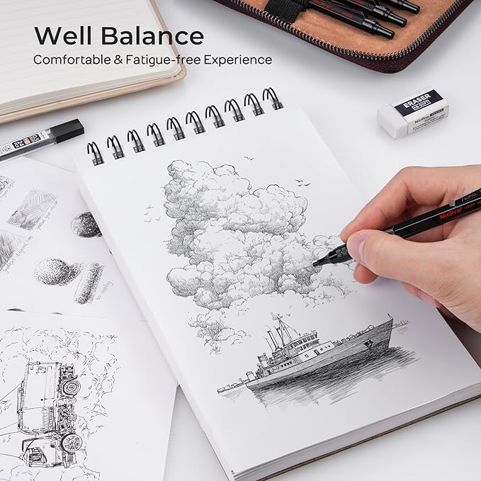 Nicpro 20PCS Black Metal Mechanical Pencil Set in Leather Case, Drafting Pencil 0.3, 0.5, 0.7, 0.9 mm & 2mm Lead Holders, 9 Tube (4B 2B HB 2H Colors) Lead Refills, Erasers For Art Sketching Drawing-DeskLoop Office