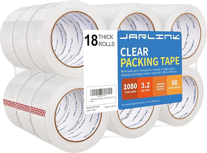JARLINK Clear Packing Tape (18 Rolls), Heavy Duty Packaging Tape for Shipping Packaging Moving Sealing, 3.2mil Thick, 1.88 inches Wide, 60 Yards Per Roll, 1080 Total Yards-DeskLoop Office